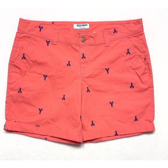 Old Navy Roll Up Bermuda Coral/ Blue Embroidered Lobster Shorts Women’s Size 12 - Picture 3 of 14
